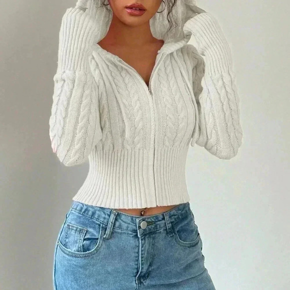 White Casual Women's Fitted Drawstring Hooded Cardigan - Picture 4 of 5